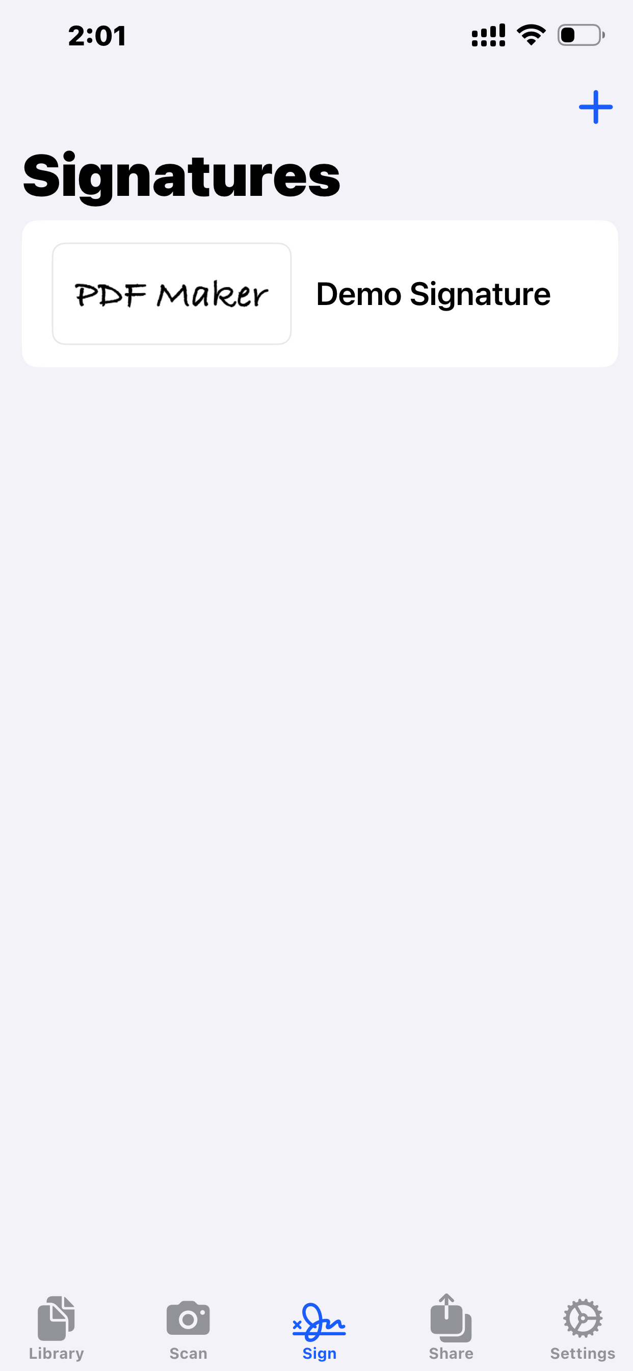 Signatures screen showing saved signatures
